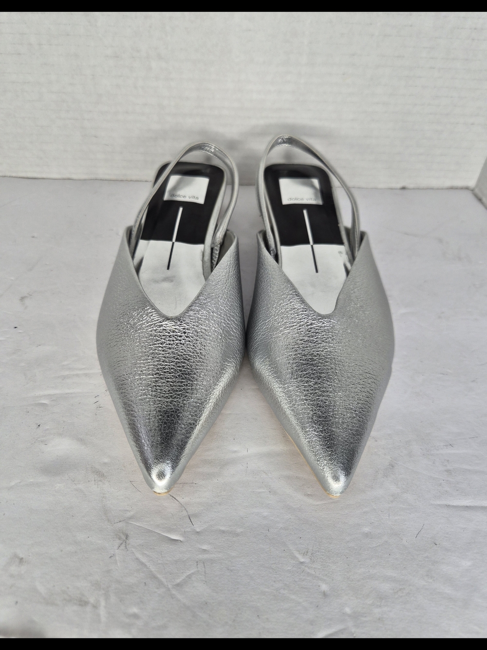 Pointed-Toe Silver Slingback Flats